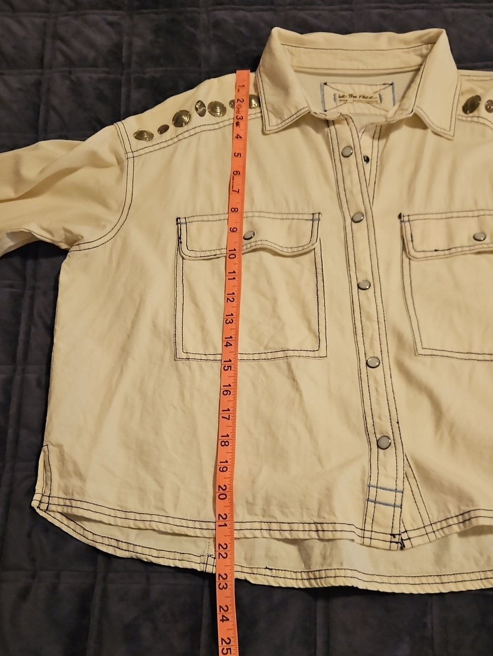 We The Free Austin Denim Jacket, Ivory, Western Studded Shirt Jacket, M - Picture 11 of 12
